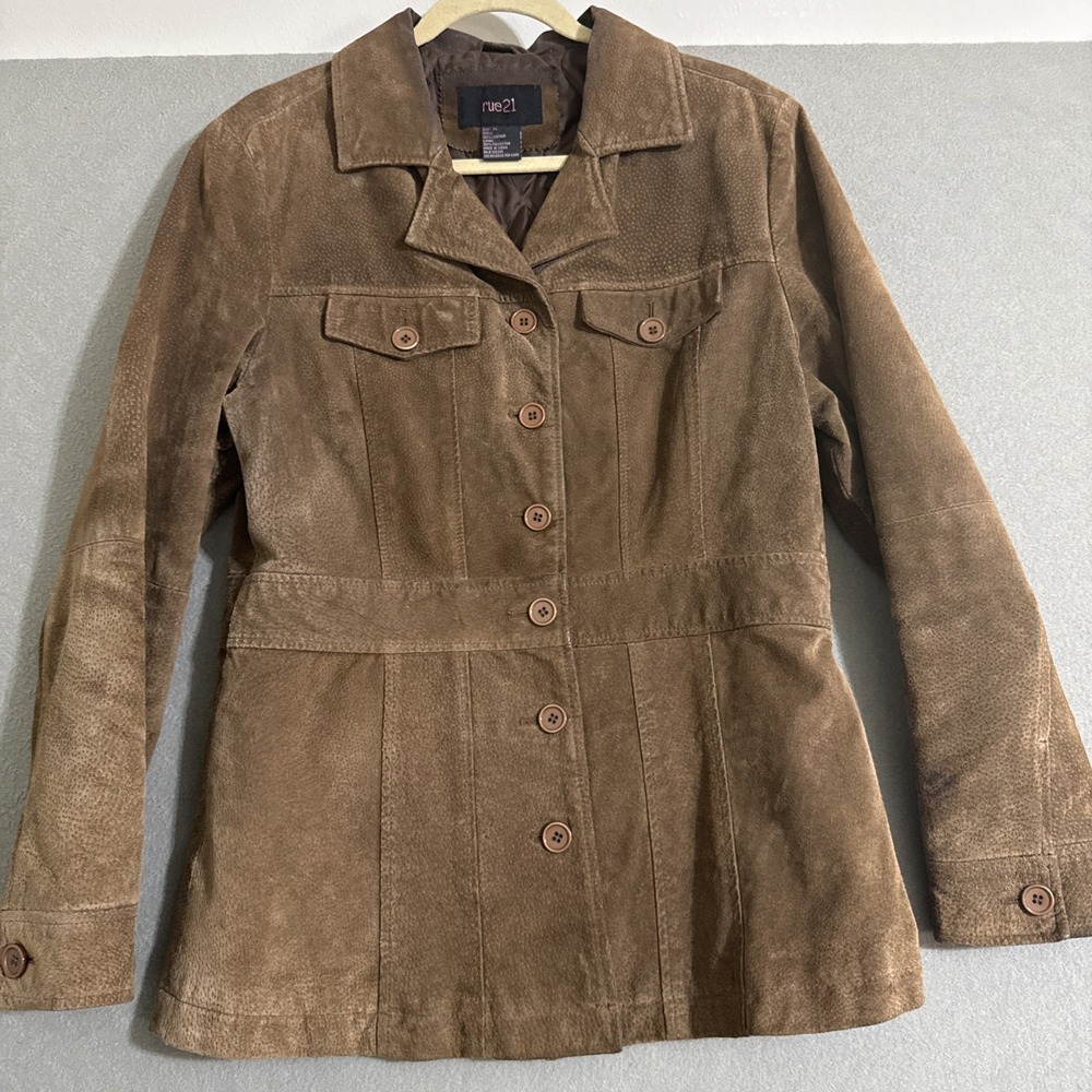 Vtg Women's Brown Suede Leather coat XL Lined Button Y2K Grunge Western WORN *